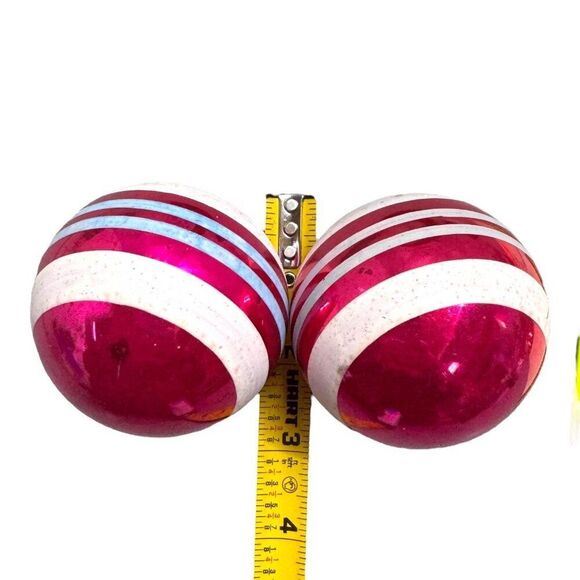 Vintage Shiny Brite Pink & White Striped Glass Christmas Ornaments Set Of 2 Lot - Picture 2 of 6